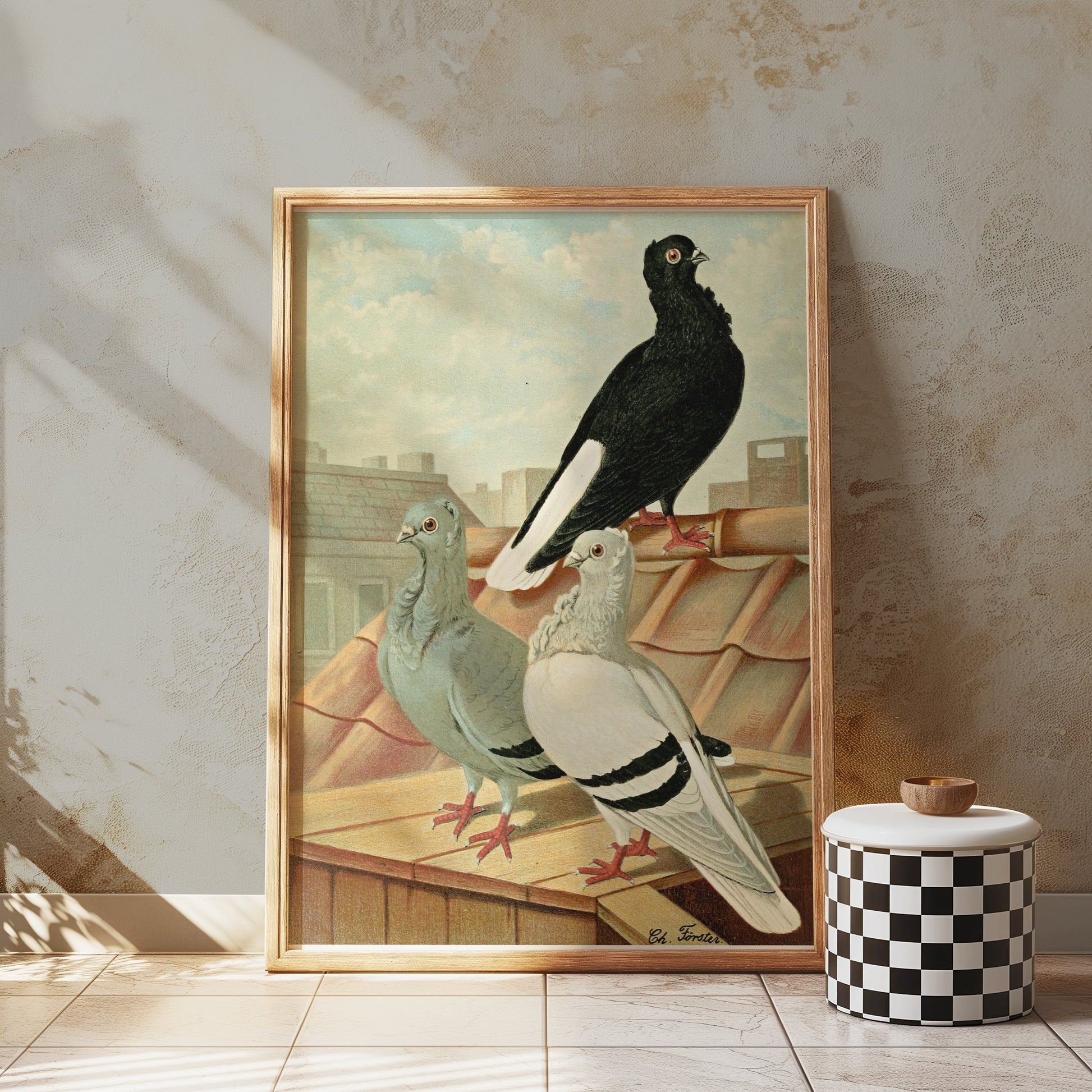 Premium Poster of Vintage Rooftop Pigeons Artwork Illustrative Posters
