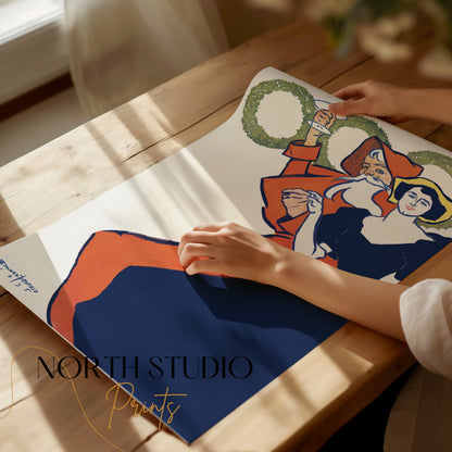 Premium Poster of Vintage Santa Claus and Lady Art Nouveau Posters