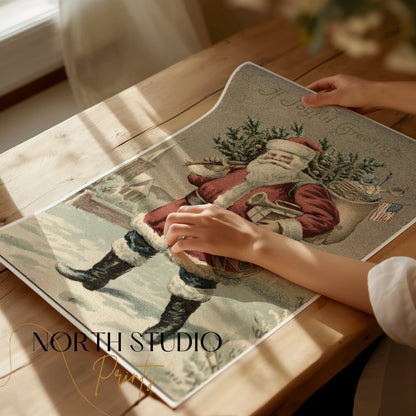 Premium Poster of Vintage Santa Claus with Tree and Flag Posters