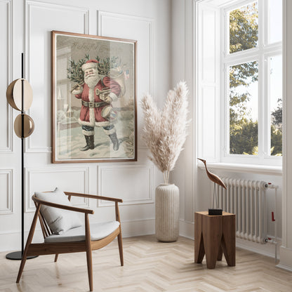 Premium Poster of Vintage Santa Claus with Tree and Flag Posters