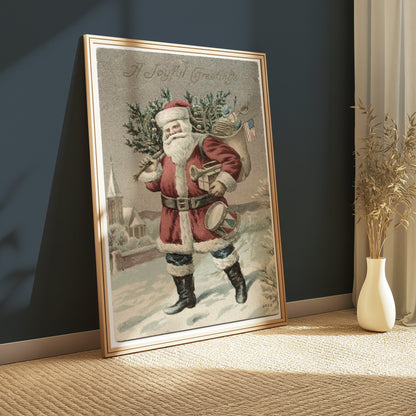 Premium Poster of Vintage Santa Claus with Tree and Flag Posters