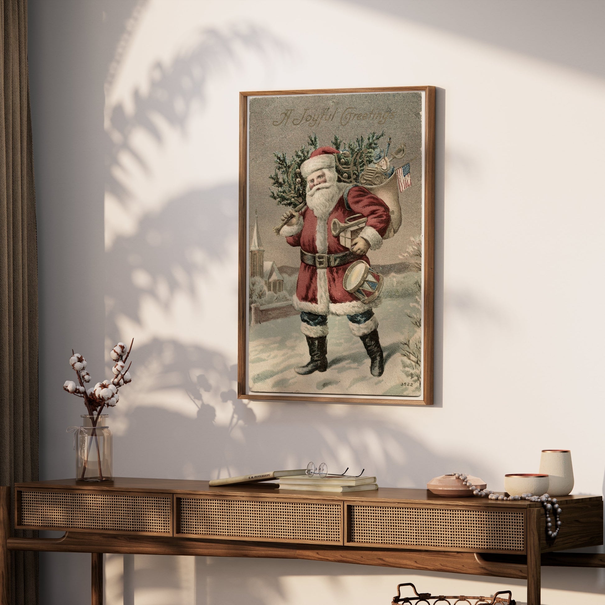 Premium Poster of Vintage Santa Claus with Tree and Flag Posters