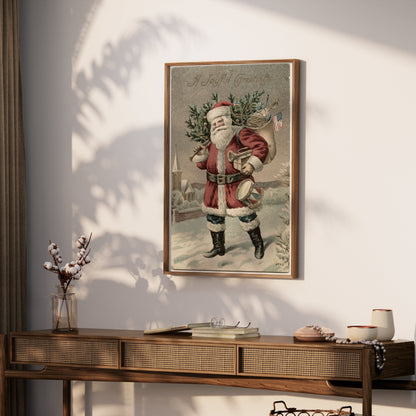 Premium Poster of Vintage Santa Claus with Tree and Flag Posters