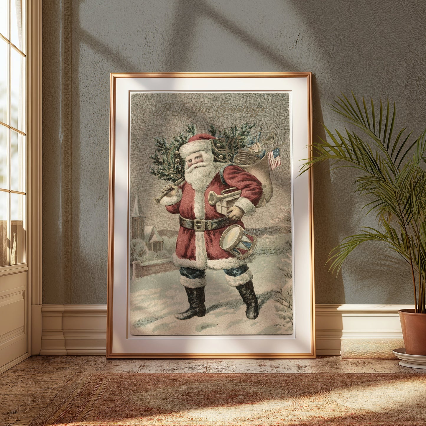 Premium Poster of Vintage Santa Claus with Tree and Flag Posters