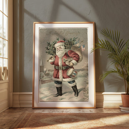 Premium Poster of Vintage Santa Claus with Tree and Flag Posters