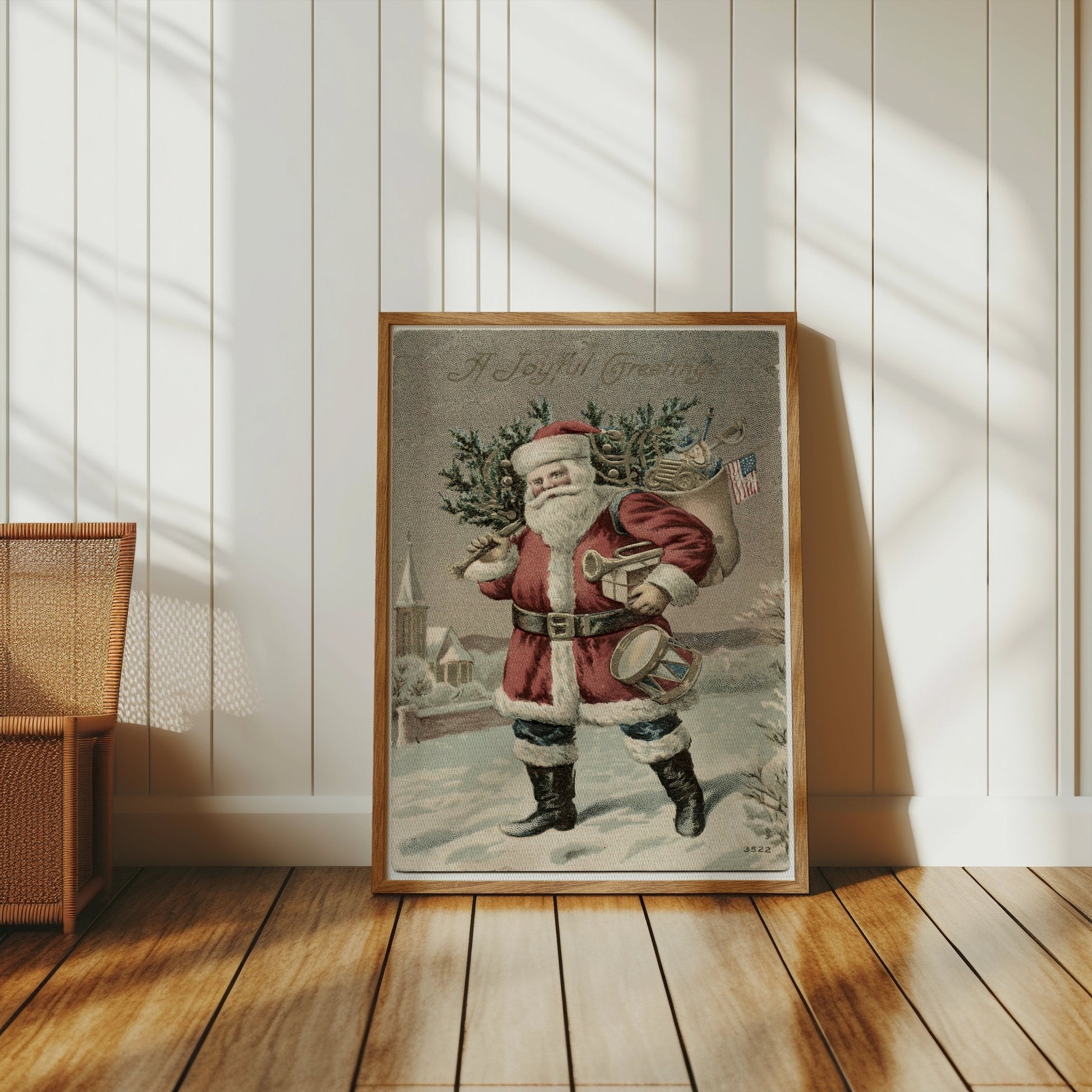 Premium Poster of Vintage Santa Claus with Tree and Flag Posters