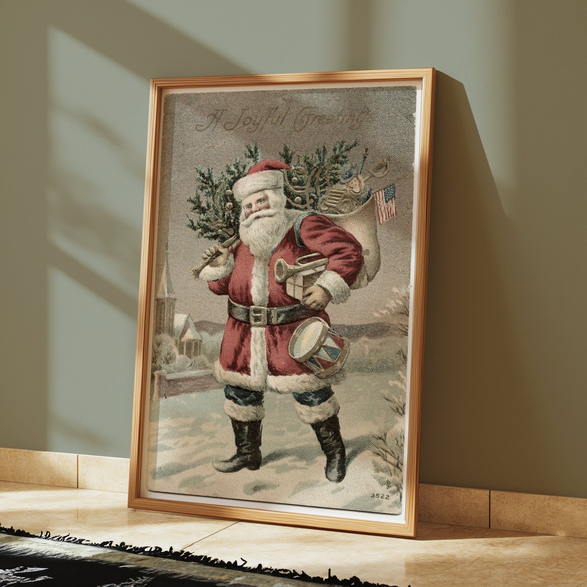 Premium Poster of Vintage Santa Claus with Tree and Flag Posters