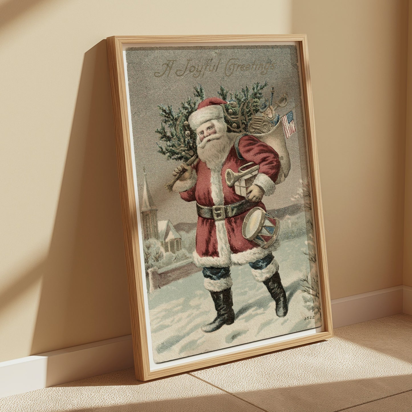 Premium Poster of Vintage Santa Claus with Tree and Flag Posters