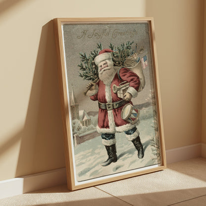 Premium Poster of Vintage Santa Claus with Tree and Flag Posters