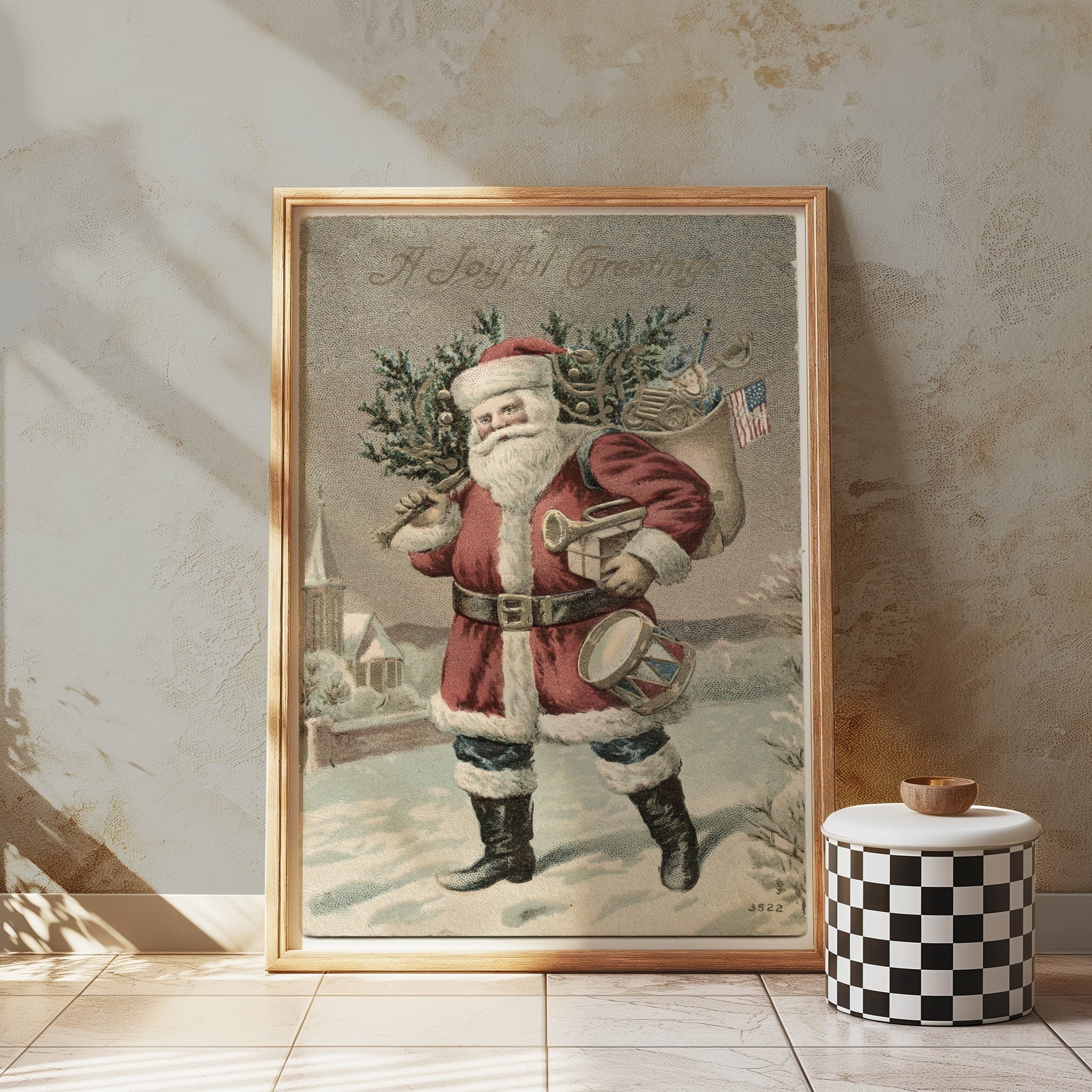 Premium Poster of Vintage Santa Claus with Tree and Flag Posters