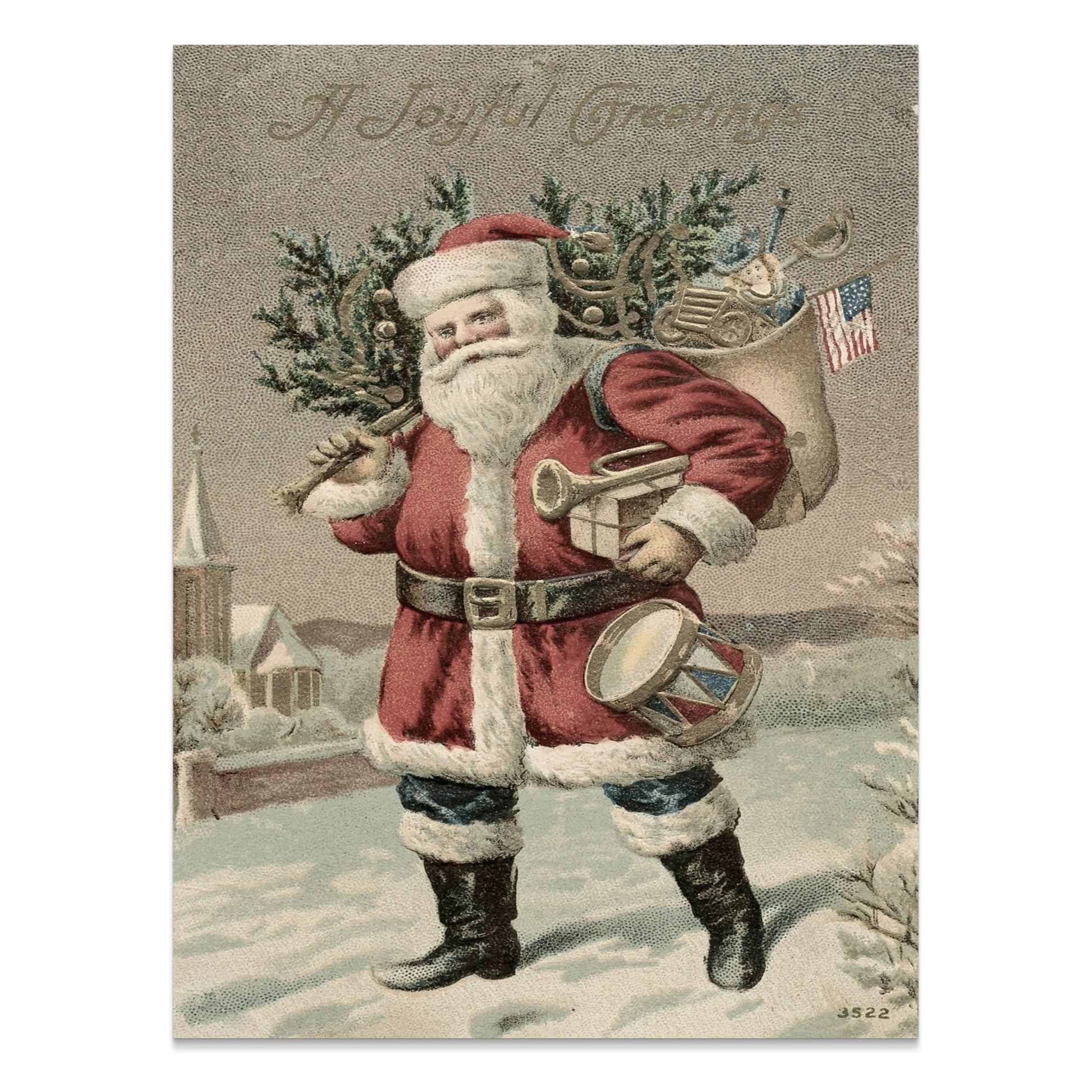 Premium Poster of Vintage Santa Claus with Tree and Flag Posters
