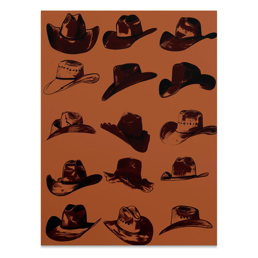 Brown poster featuring vintage-style cowboy hat illustrations in various designs, ideal for rustic or western-themed decor.