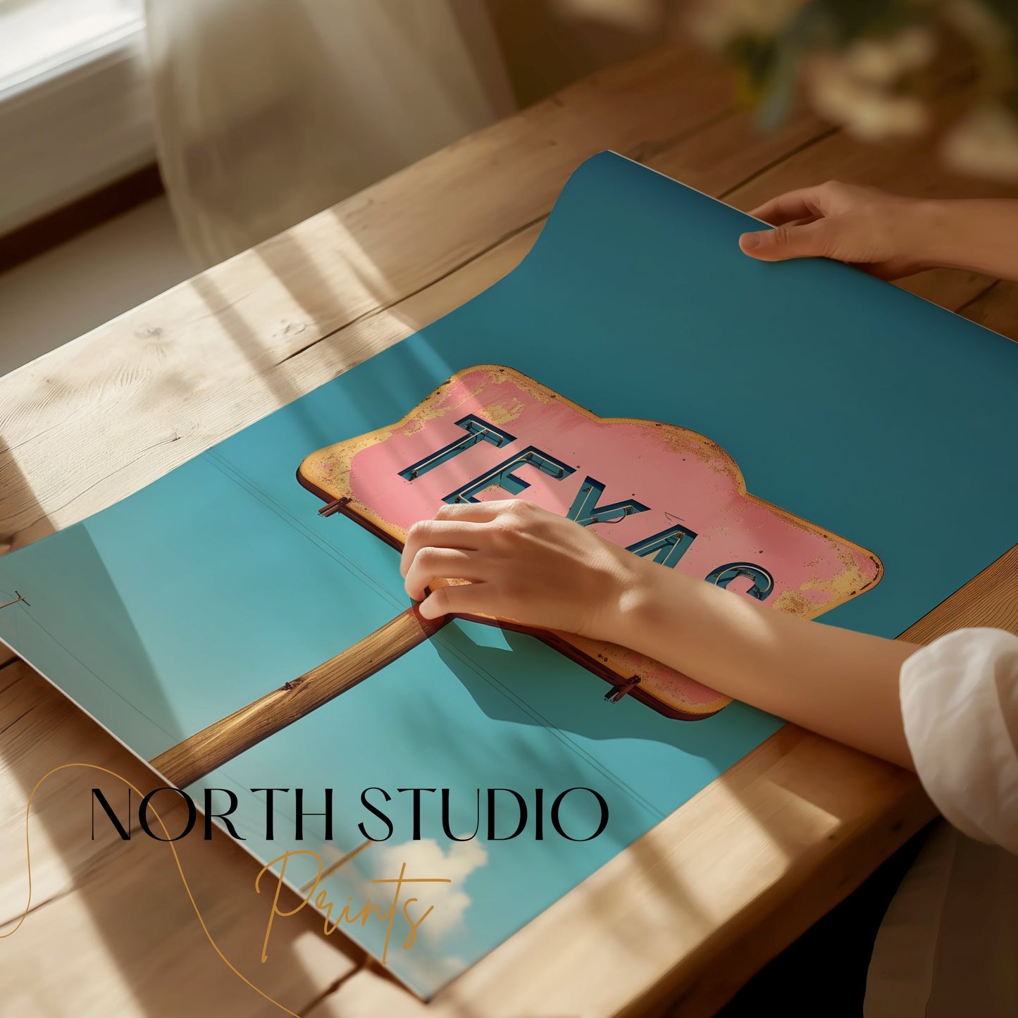 Close-up of a Texas retro sign wall art print being unrolled on a wooden table, showcasing its vibrant vintage design.