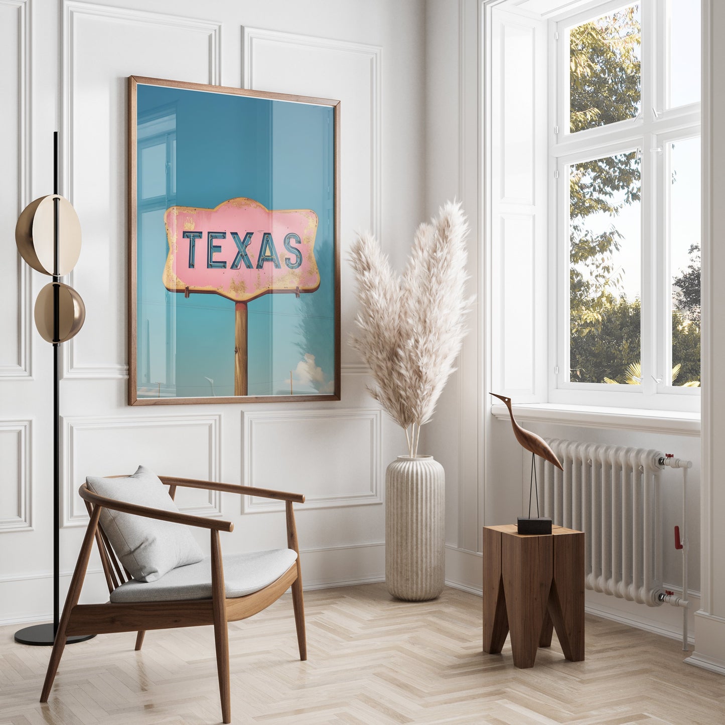 Framed vintage Texas retro sign wall art displayed in a modern living room with neutral tones and natural light.