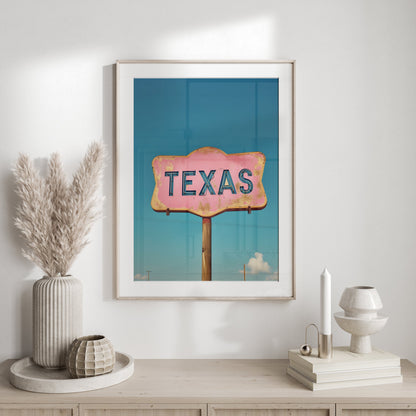 Framed Texas retro sign wall art styled on a light wood console table with neutral decor and soft natural lighting.