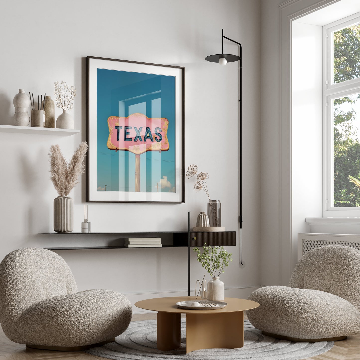 Texas retro sign wall art in a modern living room with neutral furniture and minimalist decor, framed and mounted on the wall.