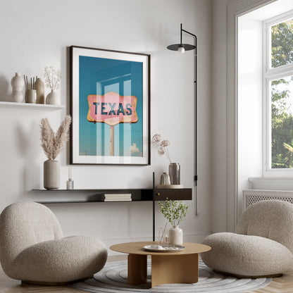 Texas retro sign wall art in a modern living room with neutral furniture and minimalist decor, framed and mounted on the wall.