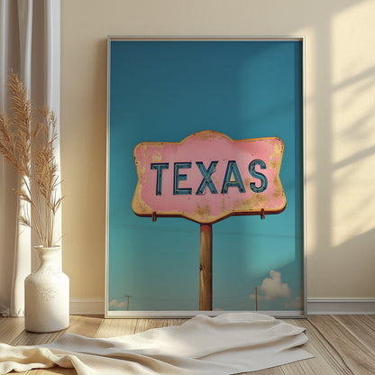 Texas retro sign wall art with a pink and blue vintage design styled in a sunlit room with neutral decor and soft textures.