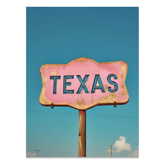 Vintage-style Texas retro sign with a pink background and rustic details against a blue sky, ideal for home decor or wall art.