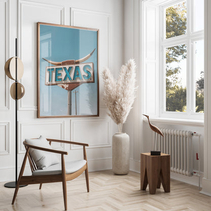 Vintage Texas roadside sign art print framed and hung in a modern living room with minimalist decor and natural light.