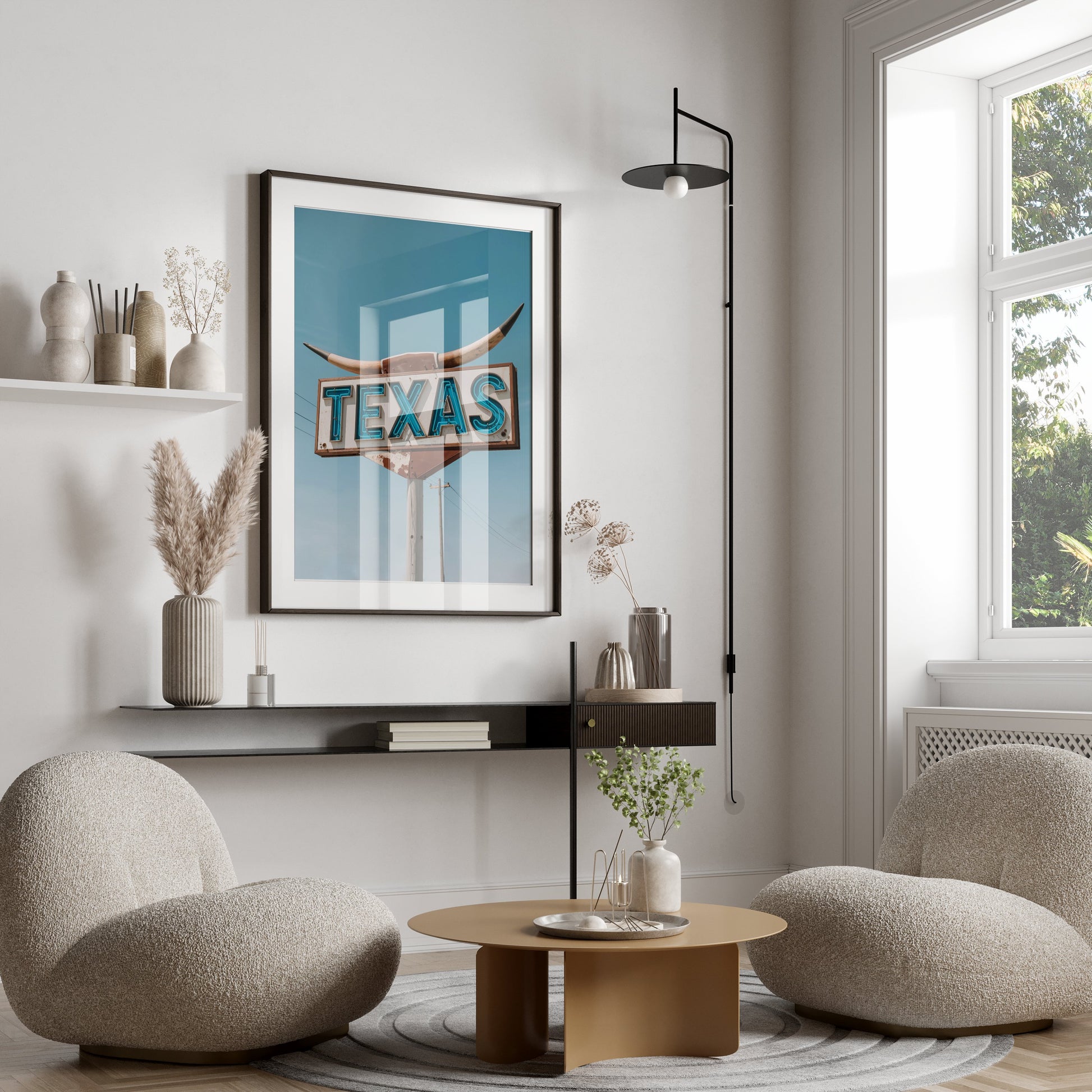 Vintage Texas roadside sign art print framed and displayed in a contemporary living room with neutral tones and soft furnishings.