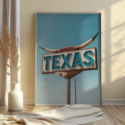 Vintage Texas roadside sign art print in a frame, styled on the floor with soft natural light and neutral decor accents.