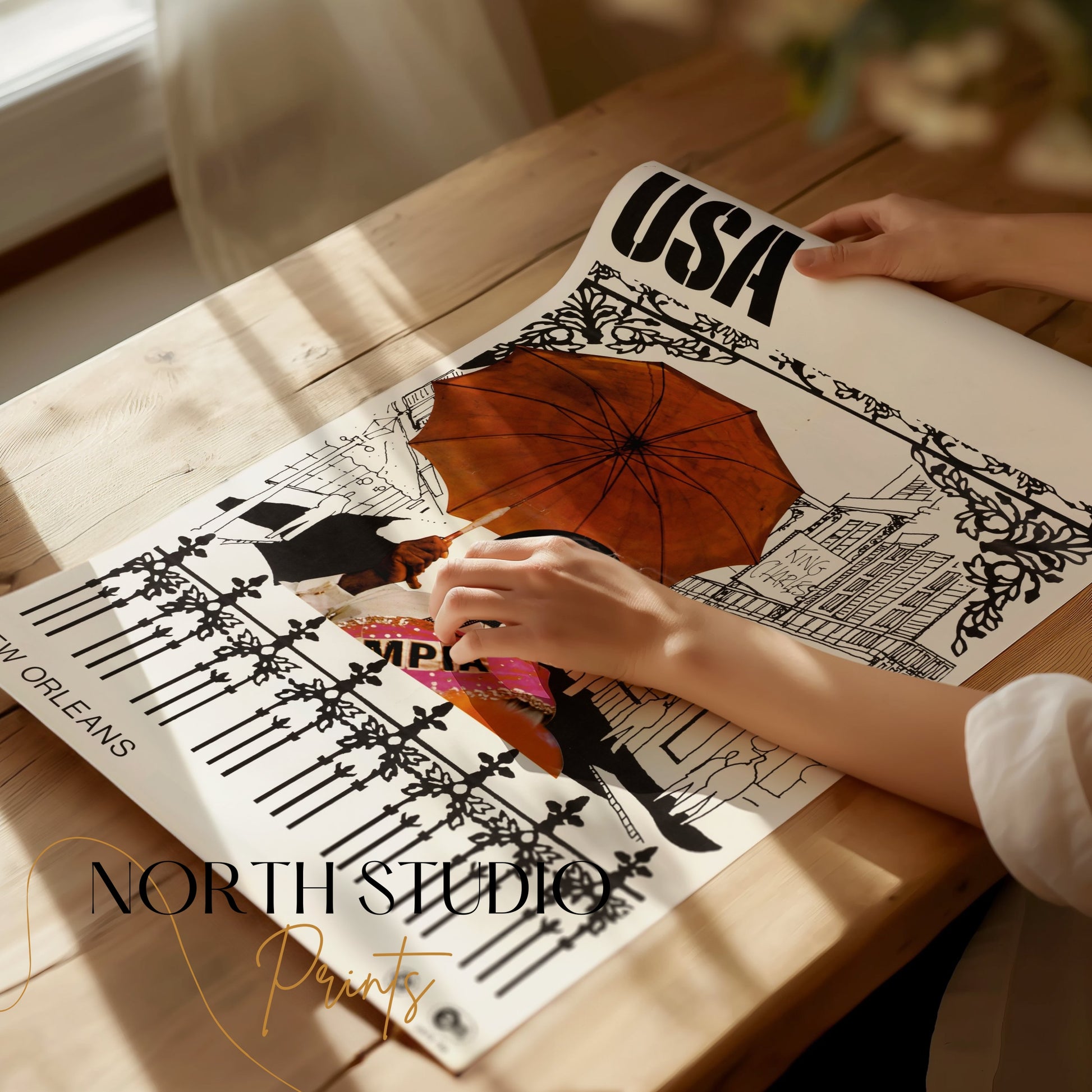 Premium Poster of Vintage USA New Orleans Posters with Umbrella Artwork