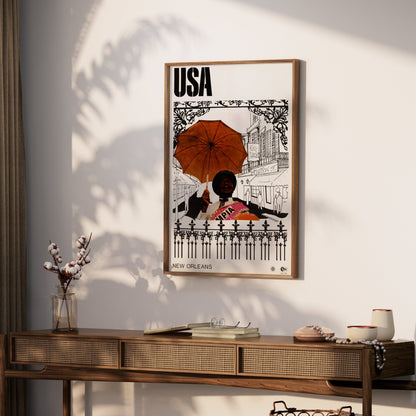 Premium Poster of Vintage USA New Orleans Posters with Umbrella Artwork