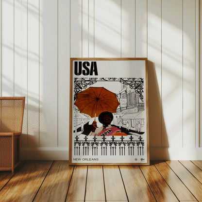 Premium Poster of Vintage USA New Orleans Posters with Umbrella Artwork