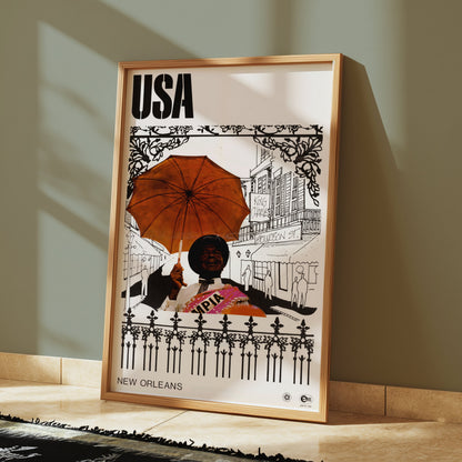 Premium Poster of Vintage USA New Orleans Posters with Umbrella Artwork