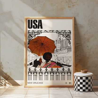 Premium Poster of Vintage USA New Orleans Posters with Umbrella Artwork