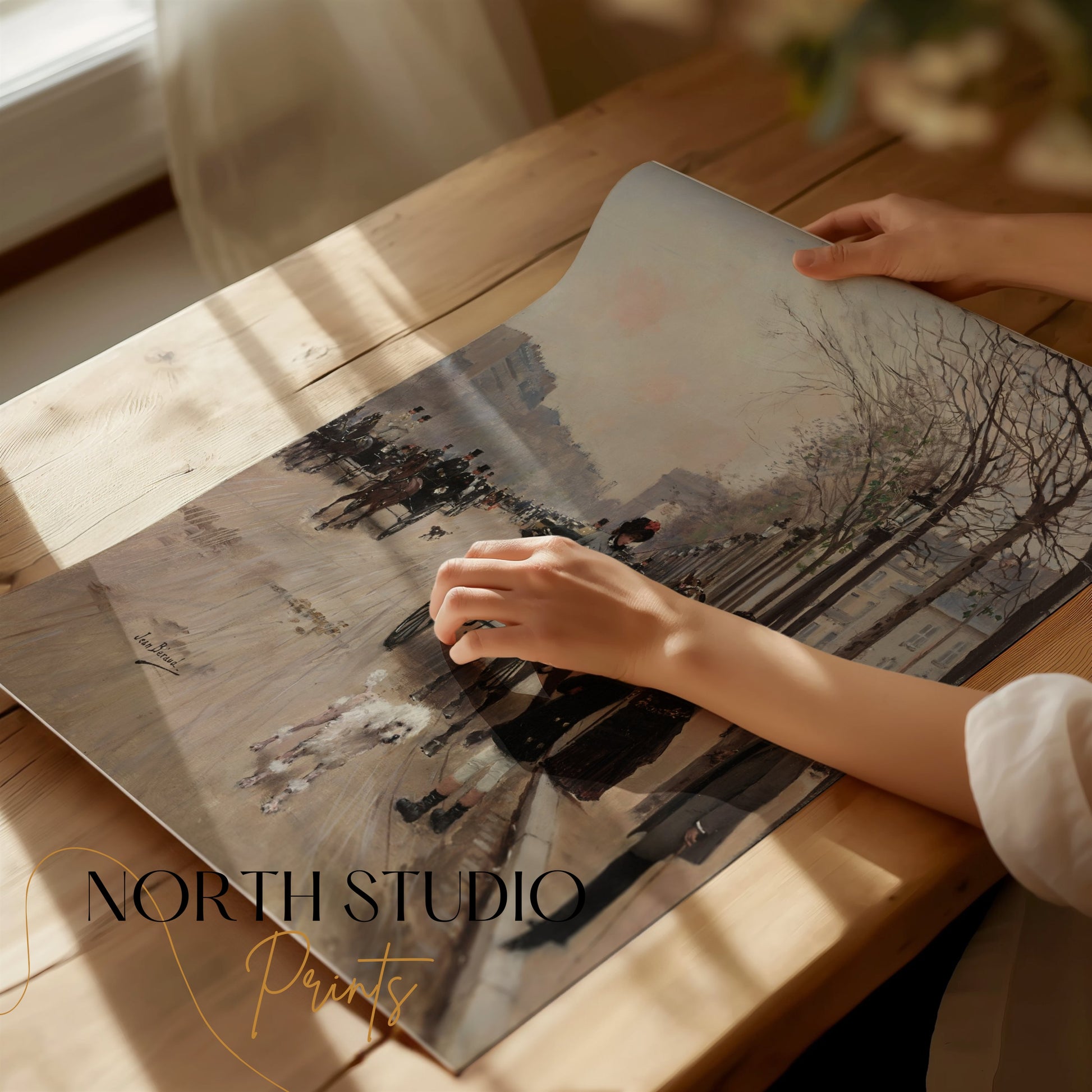 Premium Poster of Vintage Urban Horse Carriage Scene with People Posters
