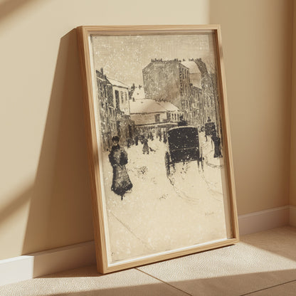 Premium Poster of Vintage Urban Snow Scene With Carriage And People Posters