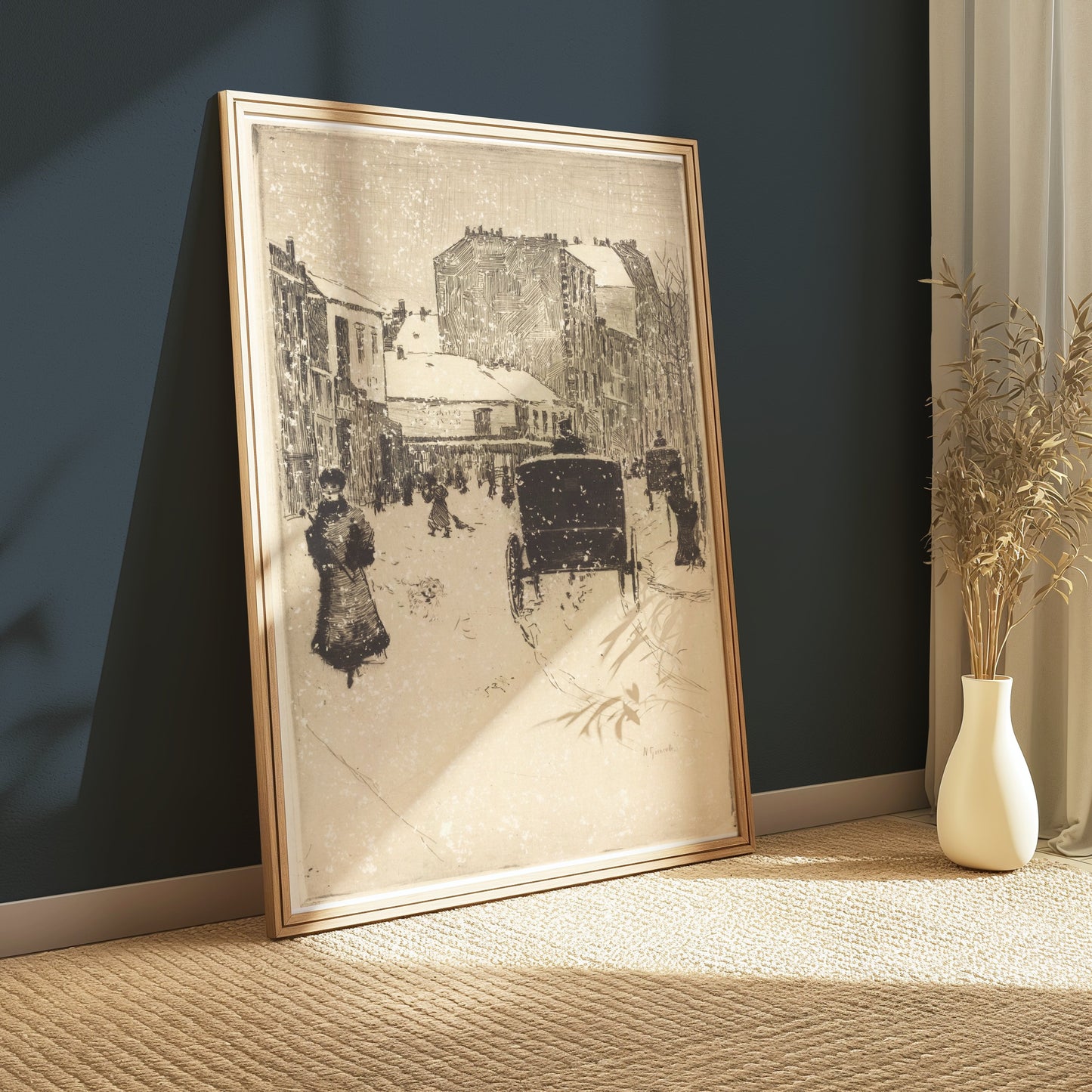 Premium Poster of Vintage Urban Snow Scene With Carriage And People Posters