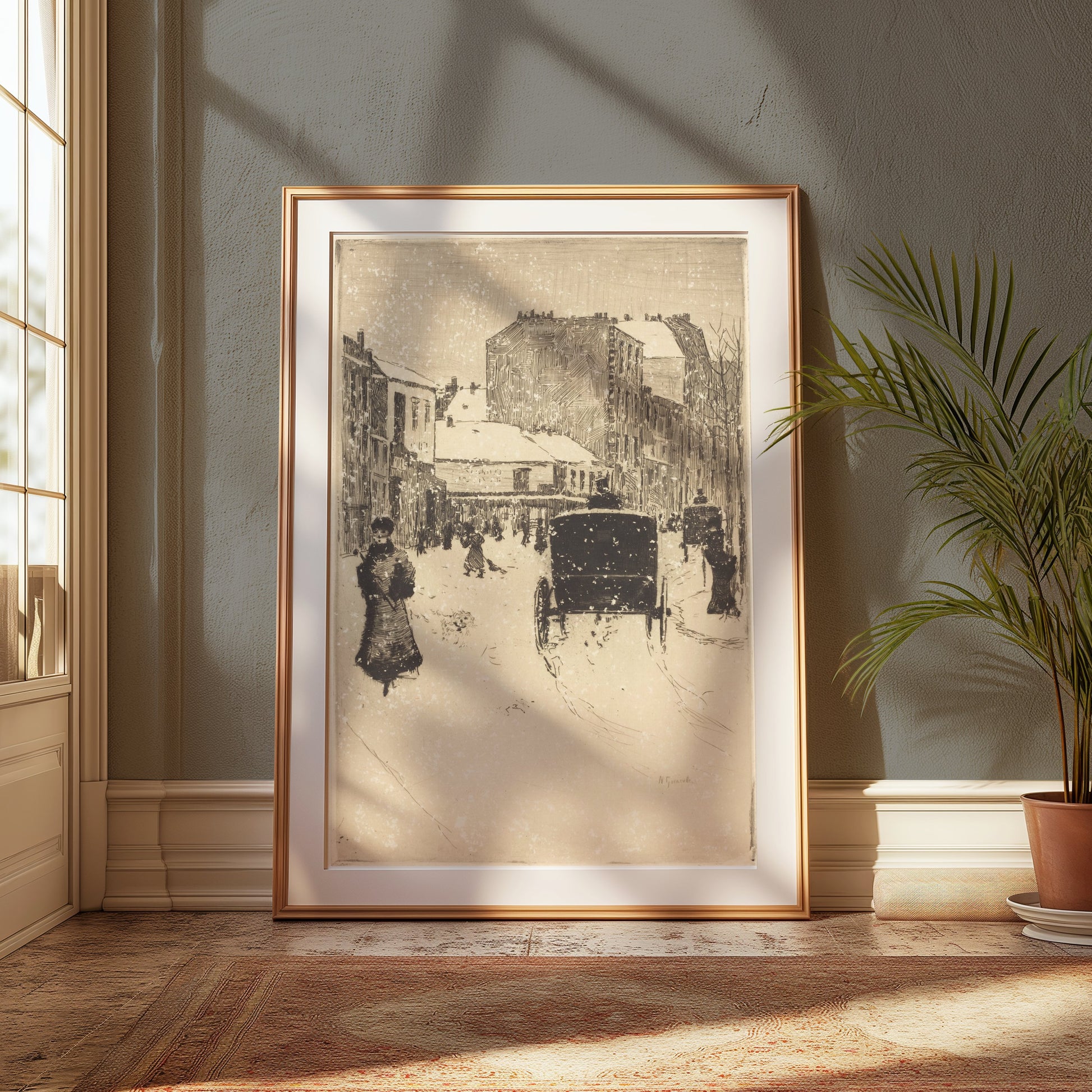 Premium Poster of Vintage Urban Snow Scene With Carriage And People Posters