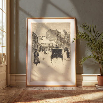 Premium Poster of Vintage Urban Snow Scene With Carriage And People Posters