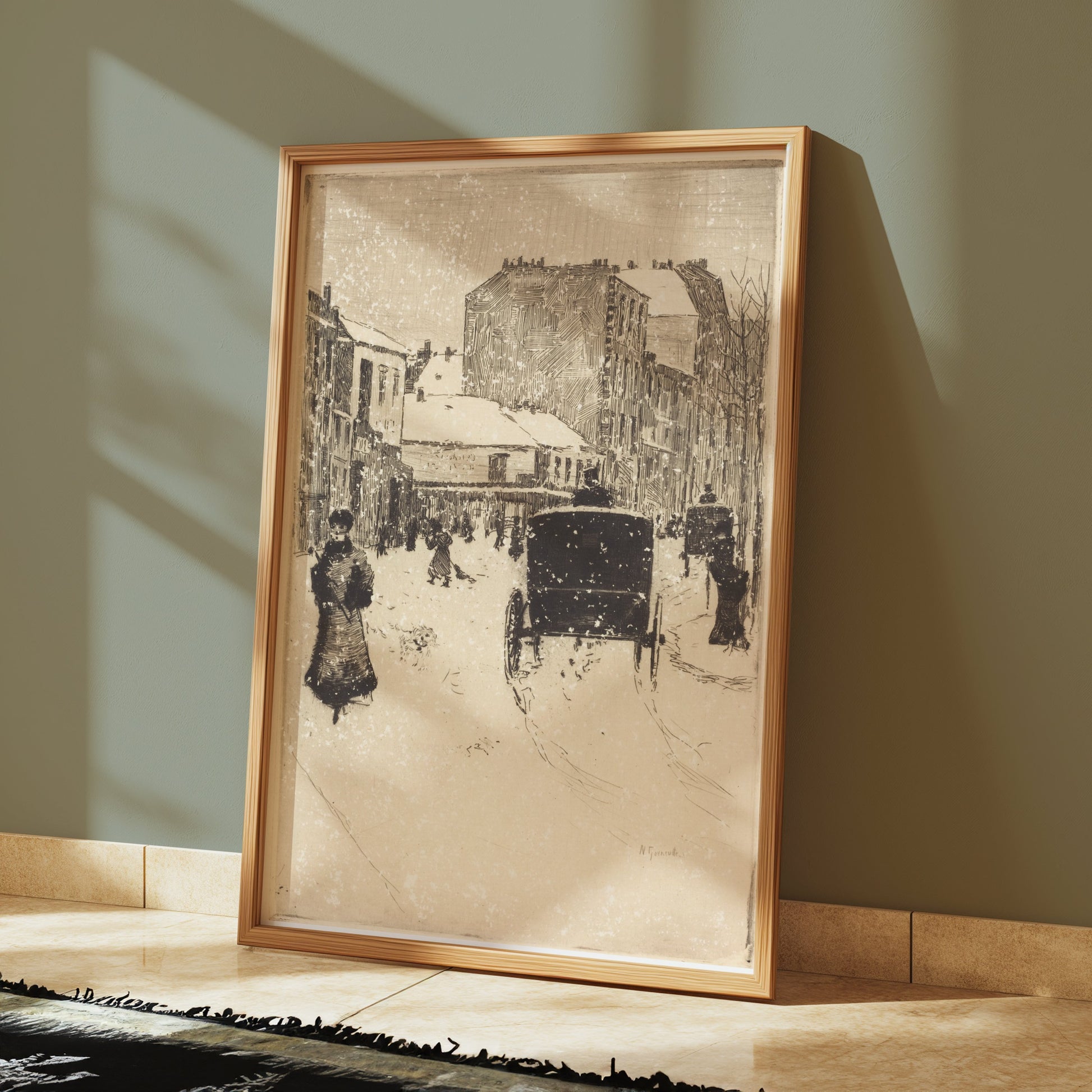 Premium Poster of Vintage Urban Snow Scene With Carriage And People Posters