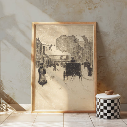 Premium Poster of Vintage Urban Snow Scene With Carriage And People Posters