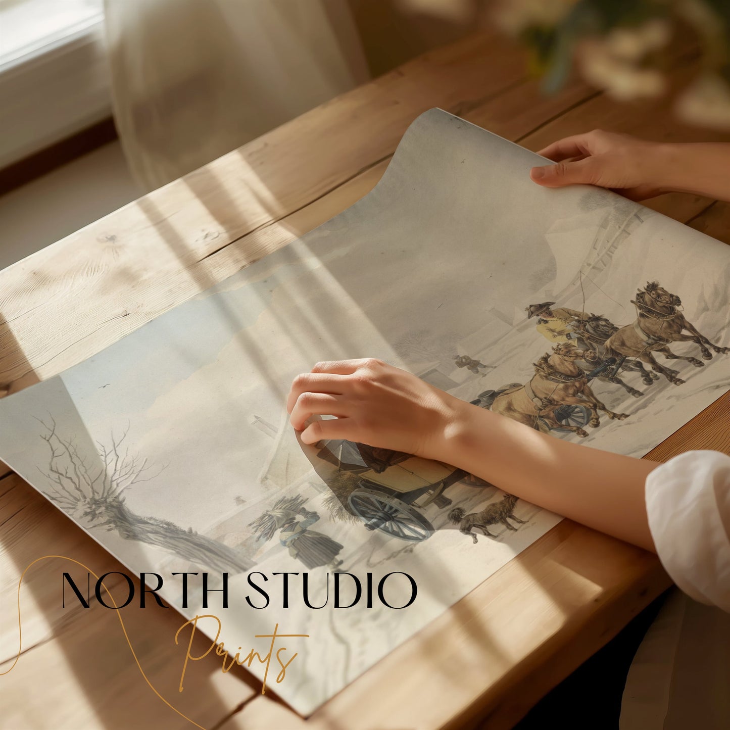 Premium Poster of Vintage Winter Carriage Scene with Horses Posters