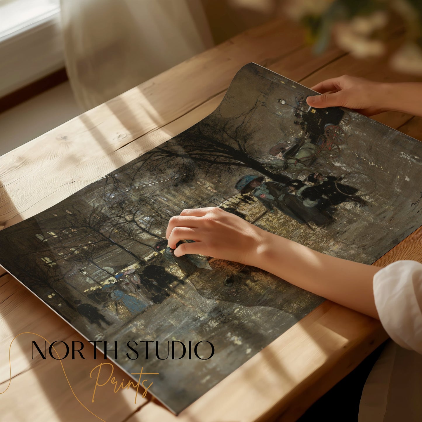 Premium Poster of Vintage Winter City Scene with People and Carriage Posters