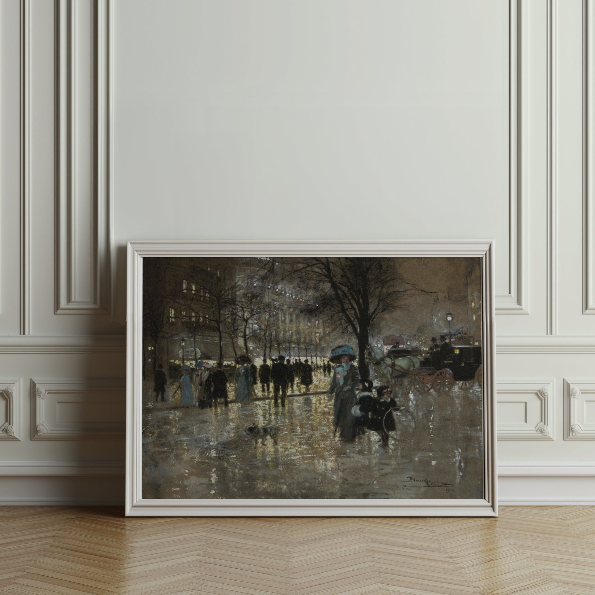 Premium Poster of Vintage Winter City Scene with People and Carriage Posters