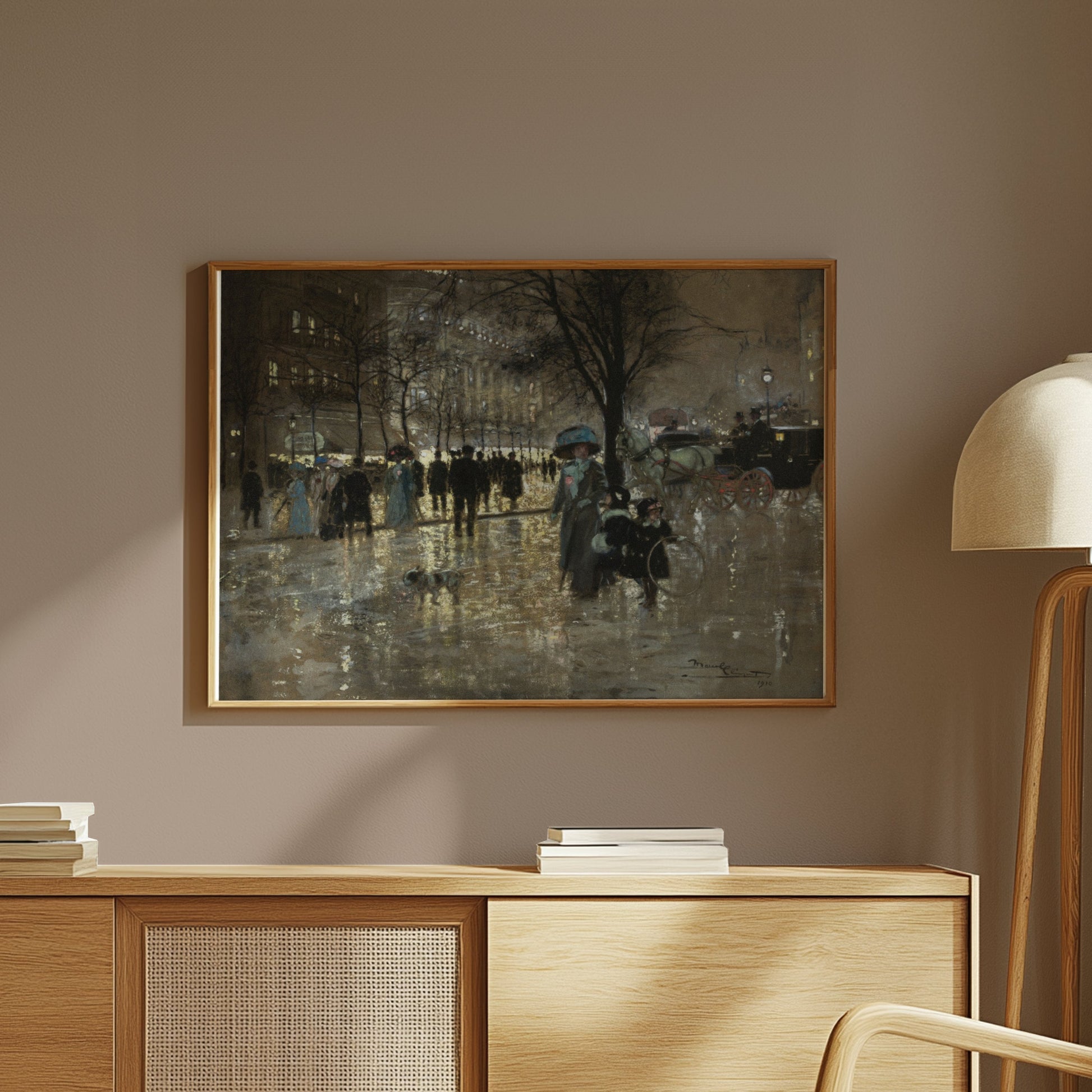 Premium Poster of Vintage Winter City Scene with People and Carriage Posters