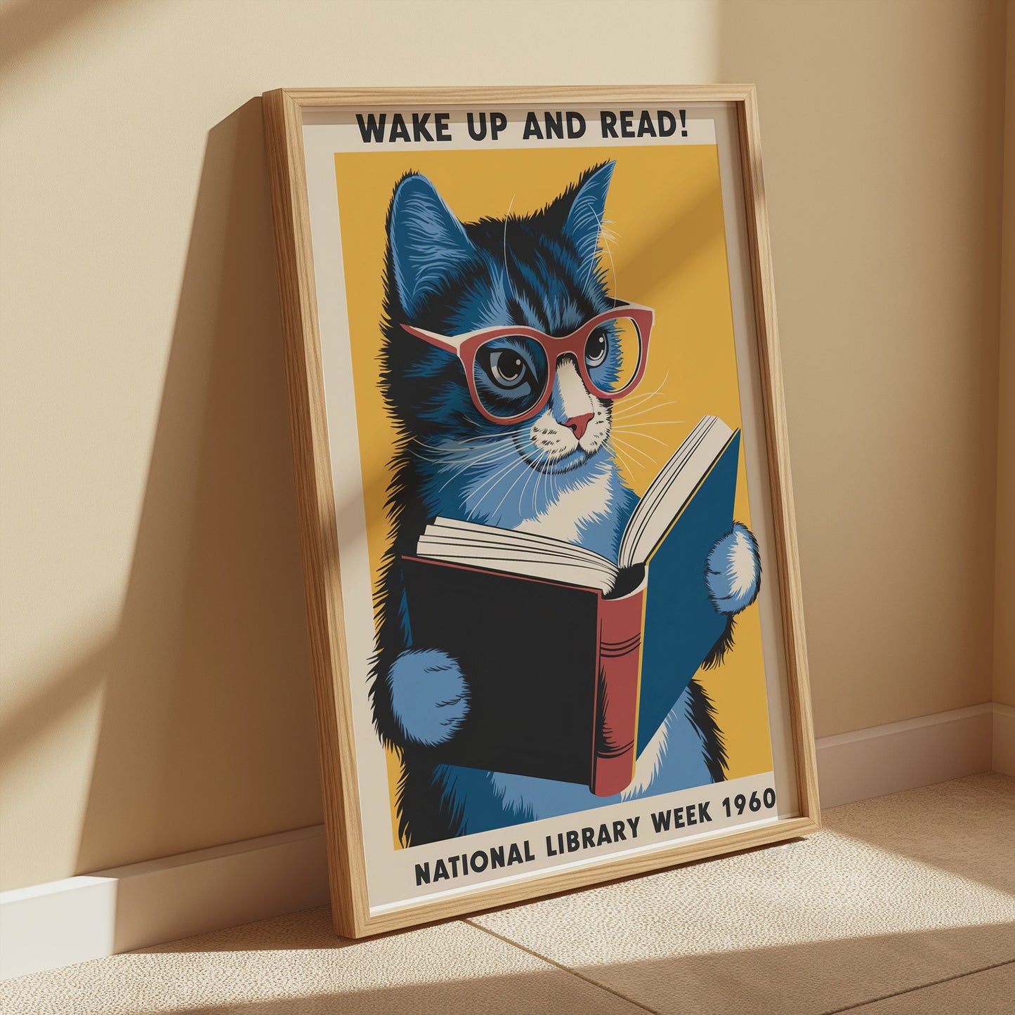 Framed 'Wake Up and Read!' poster with a blue cat wearing glasses, leaning against a wall in a sunlit room, showcasing vintage decor.