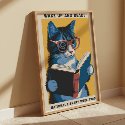 Framed 'Wake Up and Read!' poster with a blue cat wearing glasses, leaning against a wall in a sunlit room, showcasing vintage decor.