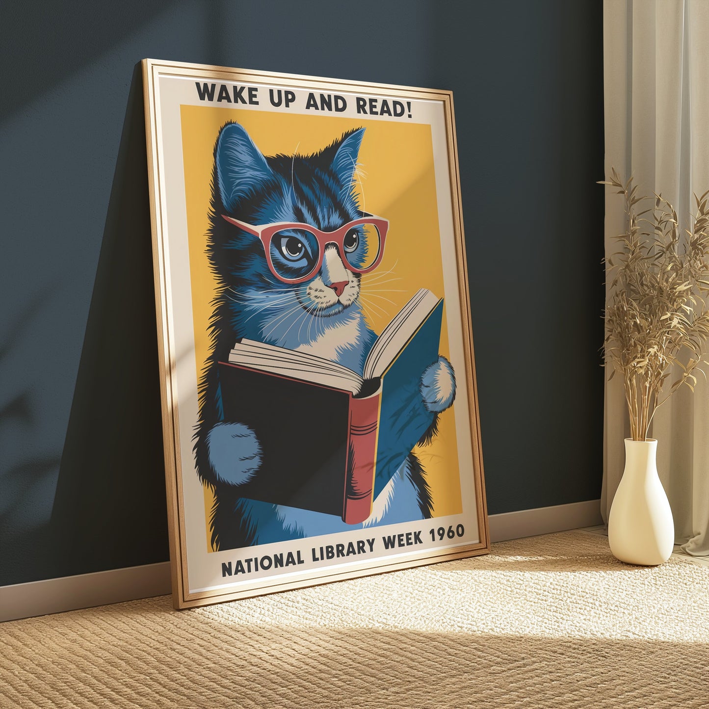 Framed 1960s cat reading poster with retro design, displayed on a carpeted floor against a dark wall, ideal for quirky decor.