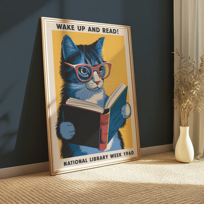 Framed 1960s cat reading poster with retro design, displayed on a carpeted floor against a dark wall, ideal for quirky decor.