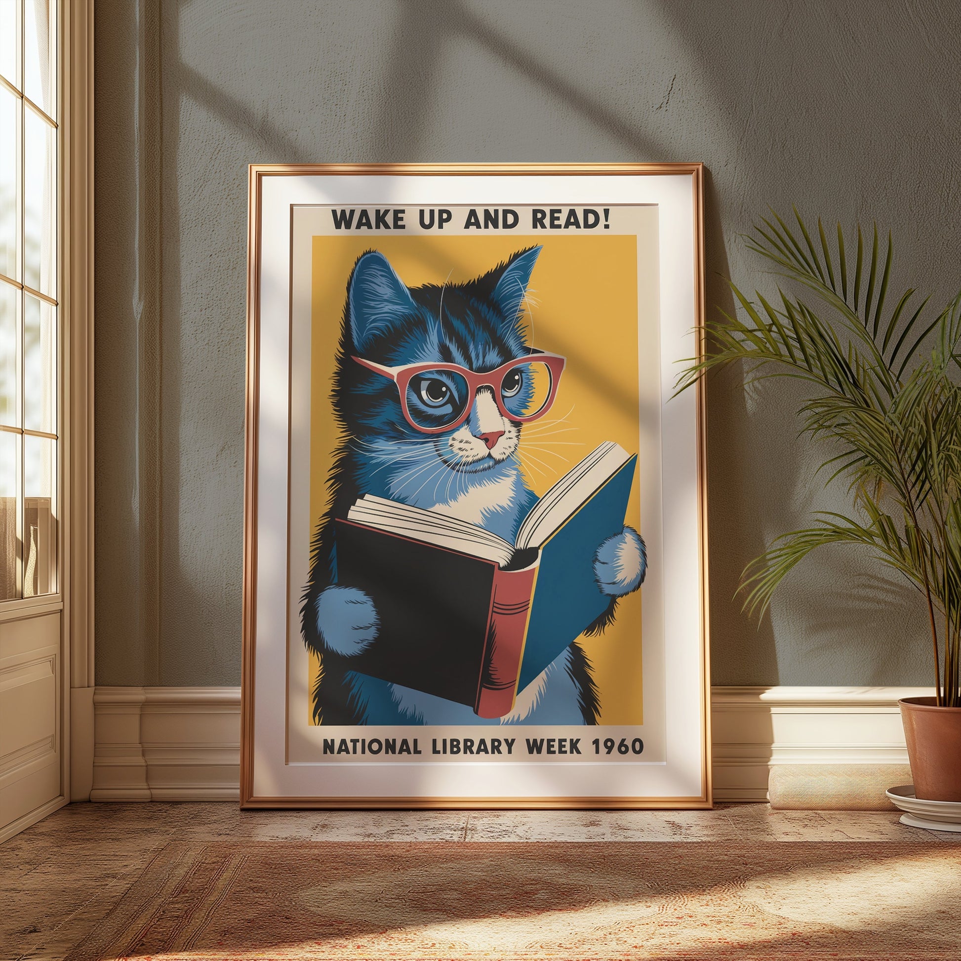 Vintage-inspired cat poster with glasses and book, framed and placed on a wooden floor near a window with natural light streaming in.