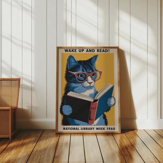 Framed retro cat reading poster leaning against a white paneled wall, styled with warm wooden flooring and cozy decor.