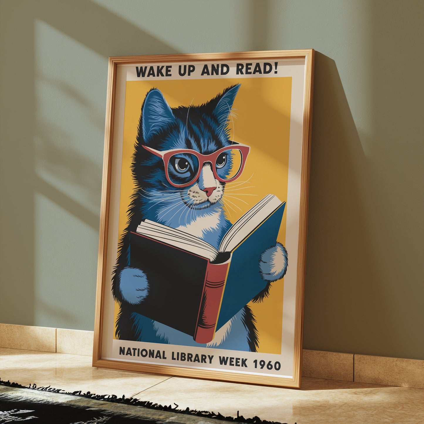 1960s-inspired 'Wake Up and Read!' poster featuring a blue cat with glasses, framed and displayed on a tiled floor with soft lighting.