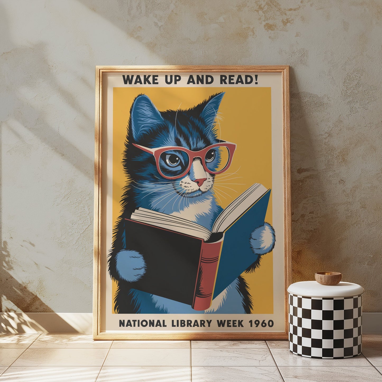 Framed vintage cat poster leaning against a textured wall, styled with a checkered stool and warm sunlight for a retro aesthetic.